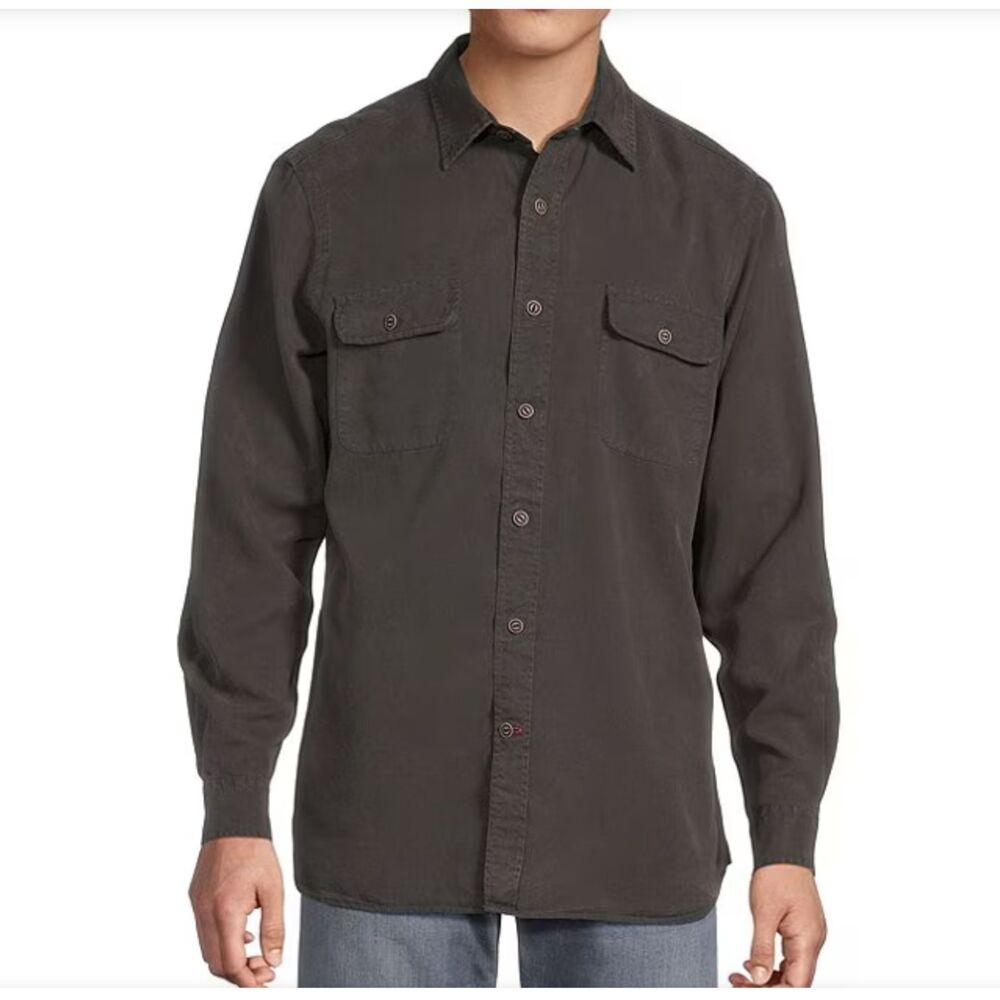 Cremieux Blue Label Black Button Up Polo Dyed Twill Long Sleeve Woven Shirt